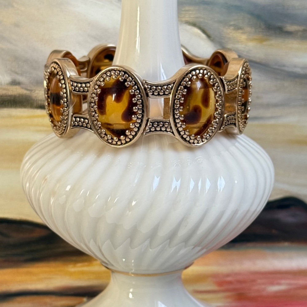 HANDMADE Bracelet Stretch Tortoise Resin Ovals Decorative Gold (6-1/2")